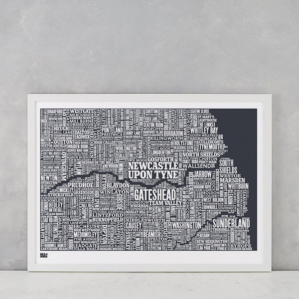 'Tyne & Wear (Newcastle and Sunderland)' Type Map Print in Sheer Slate