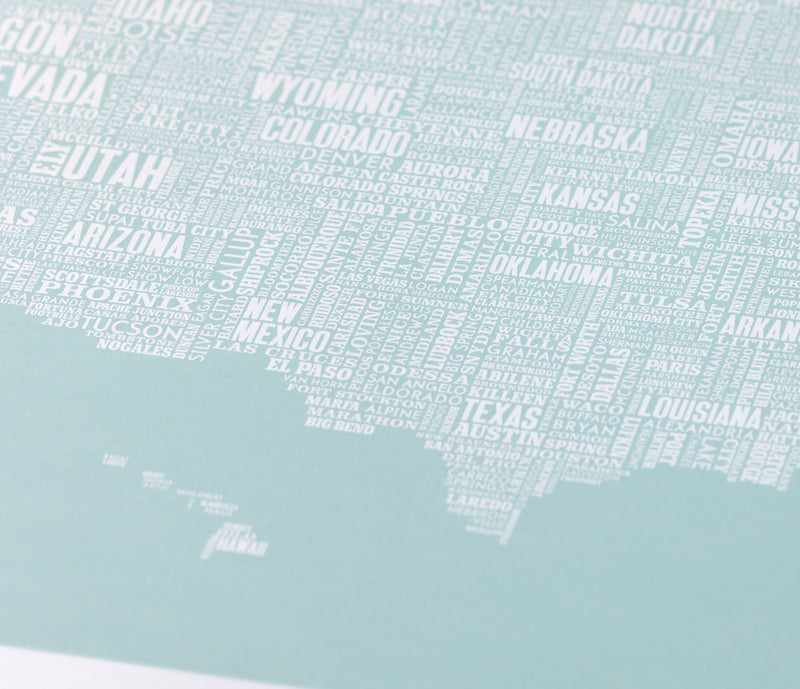 Close up of Illustrated USA Type Map in Blue
