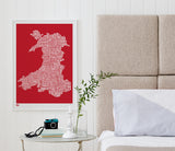 Wordle Map of Wales, place names created with different fonts, fits into standard size frames, or can be bespoke framed.