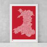 Wales Type Map Print in Red, Screen Printed in the UK, deliver worldwide