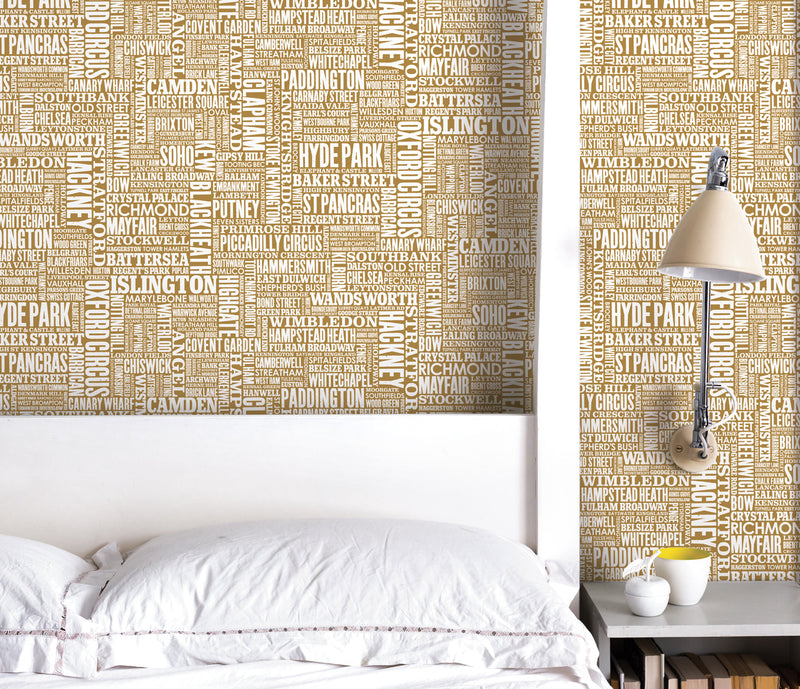 Wall Art where to start: London Type Wallpaper in Gold, printed in the UK